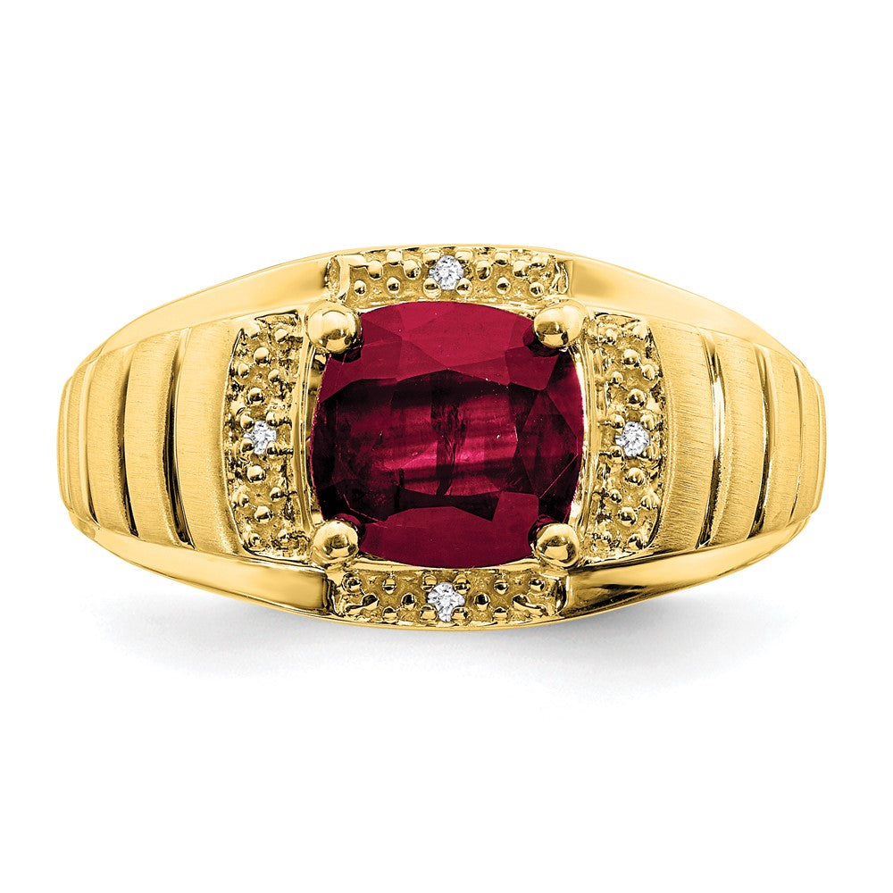 14K Gelbgold Ring mit Kissenschliff-Zuchtrubin und echten Diamanten für Herren