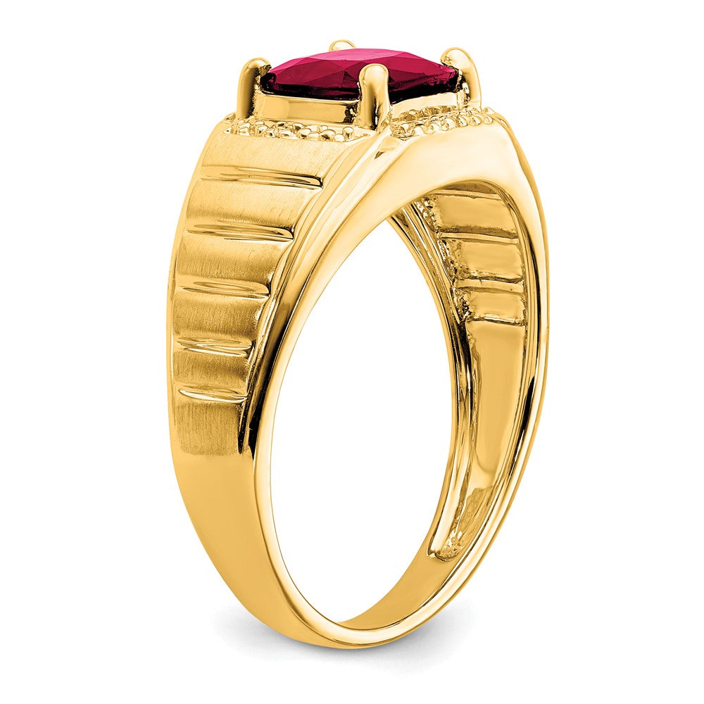 14K Gelbgold Ring mit Kissenschliff-Zuchtrubin und echten Diamanten für Herren
