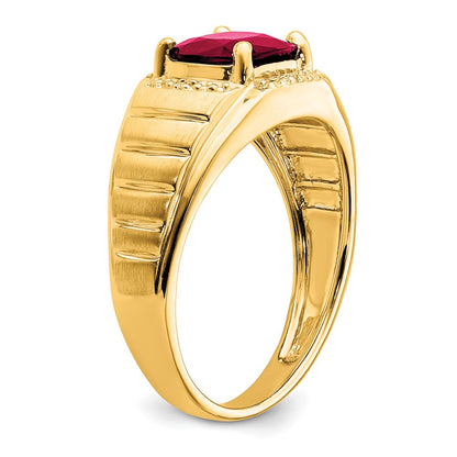 14K Gelbgold Ring mit Kissenschliff-Zuchtrubin und echten Diamanten für Herren