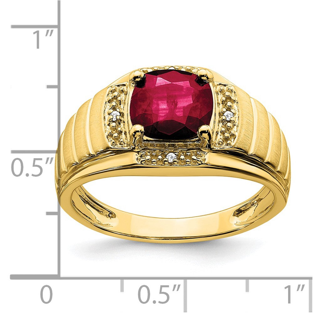 14K Gelbgold Ring mit Kissenschliff-Zuchtrubin und echten Diamanten für Herren