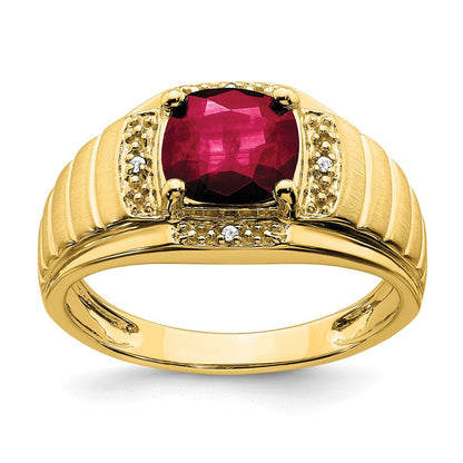 14K Gelbgold Ring mit Kissenschliff-Zuchtrubin und echten Diamanten für Herren