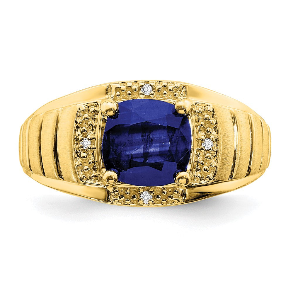 14K Gelbgold Herrenring mit Kissenschliff-Zuchtsaphir und echten Diamanten