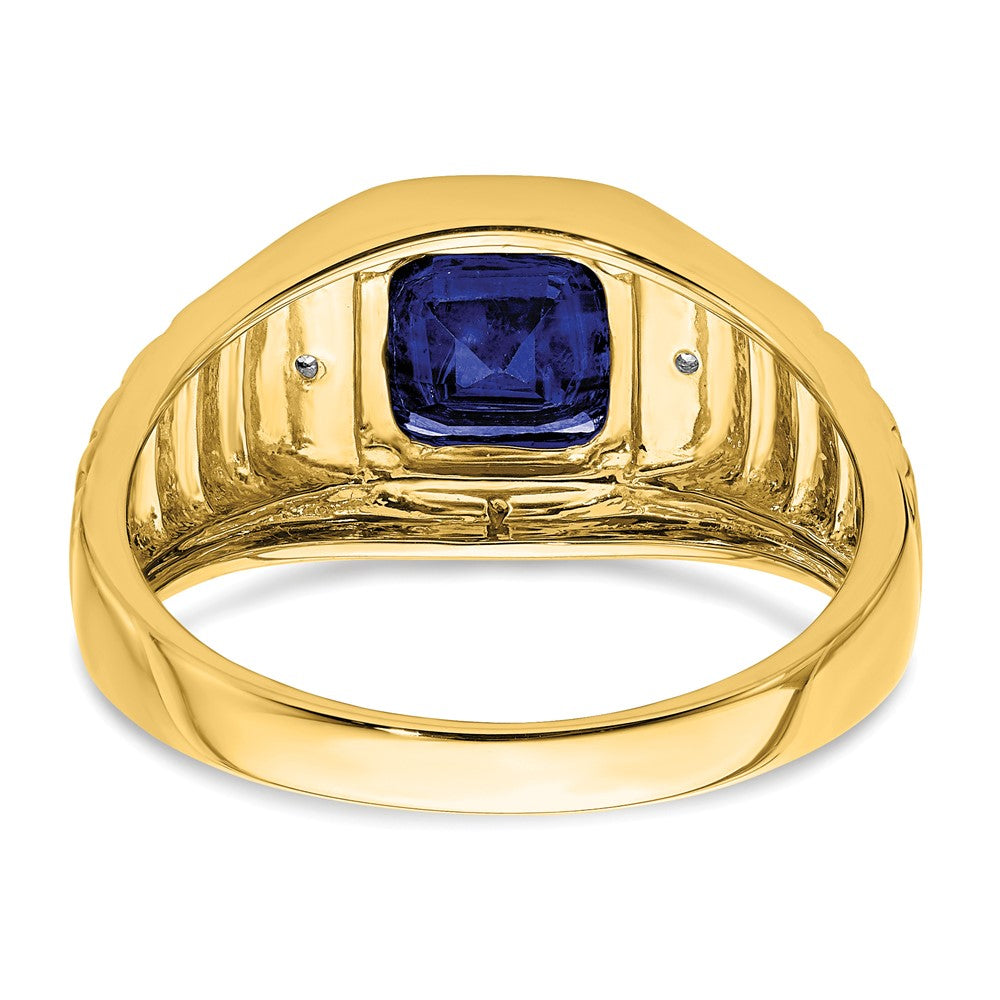 14K Gelbgold Herrenring mit Kissenschliff-Zuchtsaphir und echten Diamanten