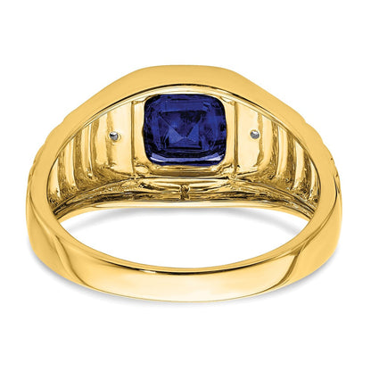 14K Gelbgold Herrenring mit Kissenschliff-Zuchtsaphir und echten Diamanten