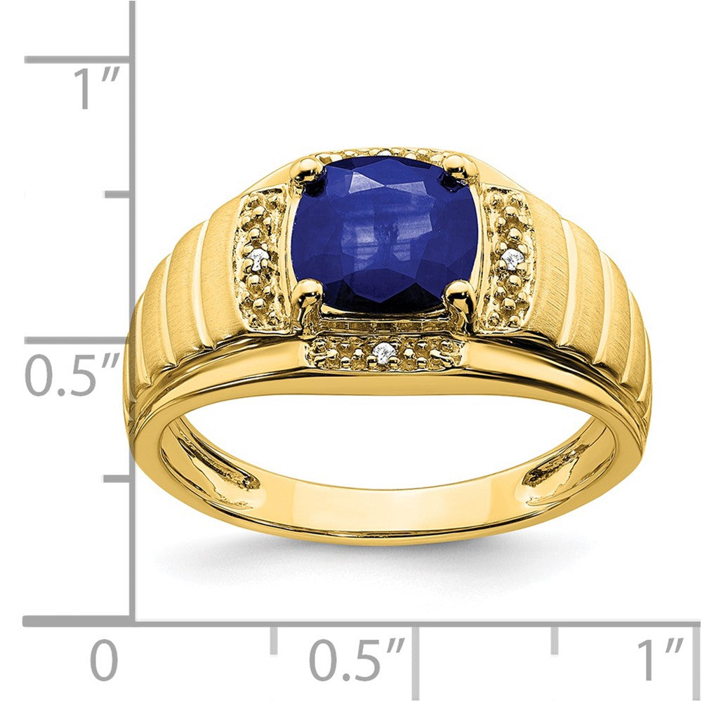 14K Gelbgold Herrenring mit Kissenschliff-Zuchtsaphir und echten Diamanten