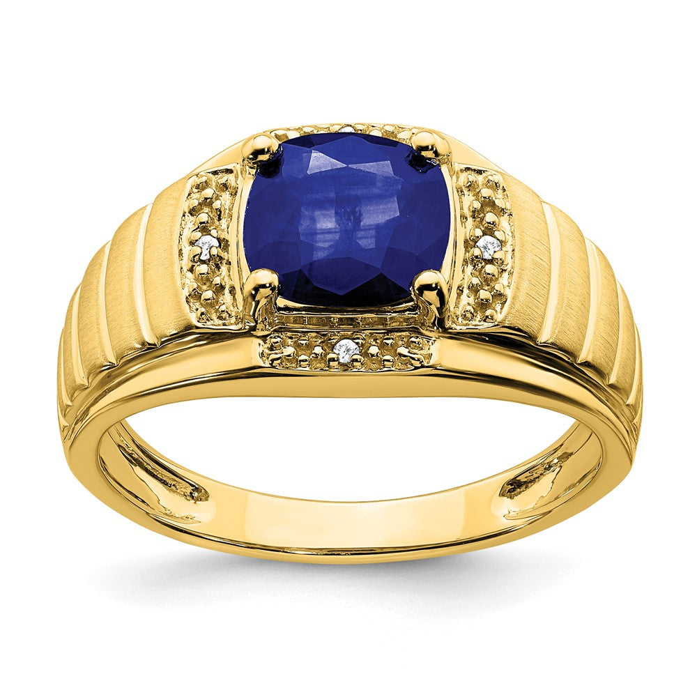 14K Gelbgold Herrenring mit Kissenschliff-Zuchtsaphir und echten Diamanten