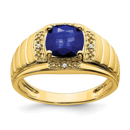 14K Gelbgold Herrenring mit Kissenschliff-Zuchtsaphir und echten Diamanten