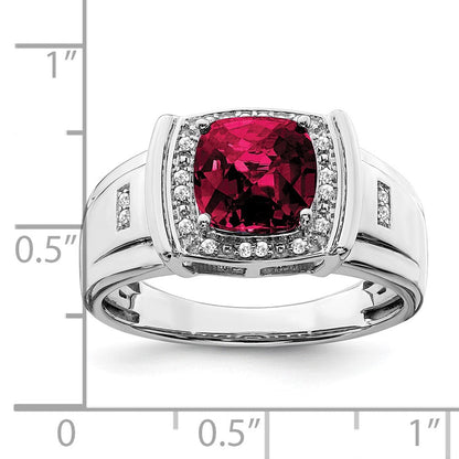 14K Weißgold Herrenring mit Kissenschliff-Rubin (synthetisch) und echten Diamanten