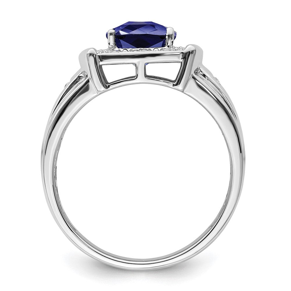 14K Weißgold Herrenring mit Kissenschliff-Zuchtsaphir und echten Diamanten