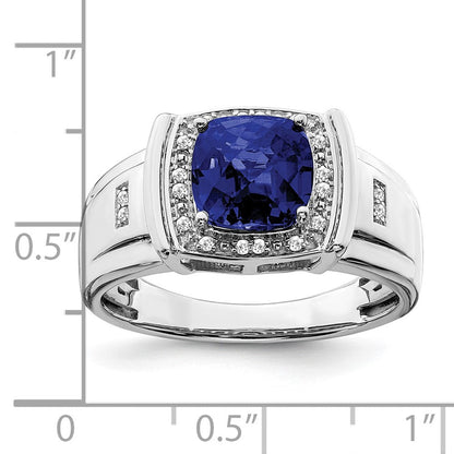 14K Weißgold Herrenring mit Kissenschliff-Zuchtsaphir und echten Diamanten