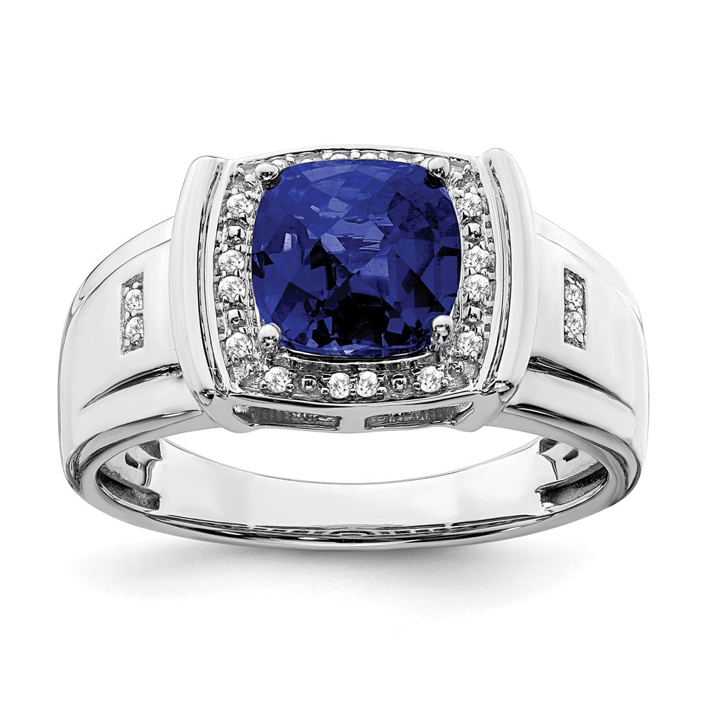 14K Weißgold Herrenring mit Kissenschliff-Zuchtsaphir und echten Diamanten