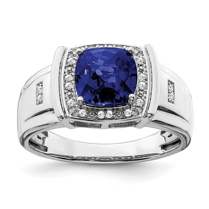 14K Weißgold Herrenring mit Kissenschliff-Zuchtsaphir und echten Diamanten