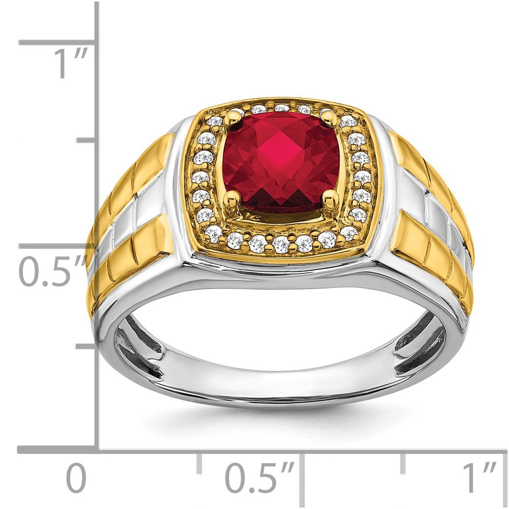 14K Bicolor Gold Herrenring mit synthetischem Rubin und echten Diamanten