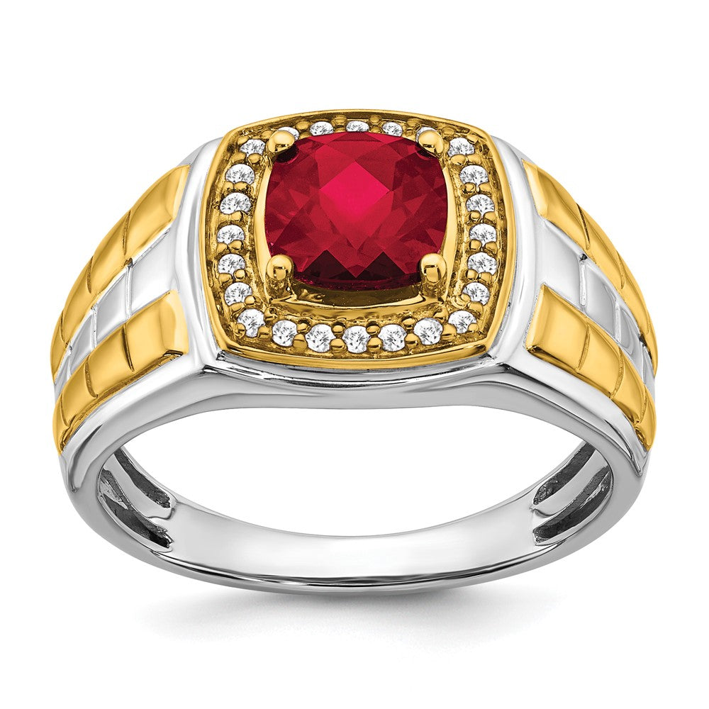 14K Bicolor Gold Herrenring mit synthetischem Rubin und echten Diamanten