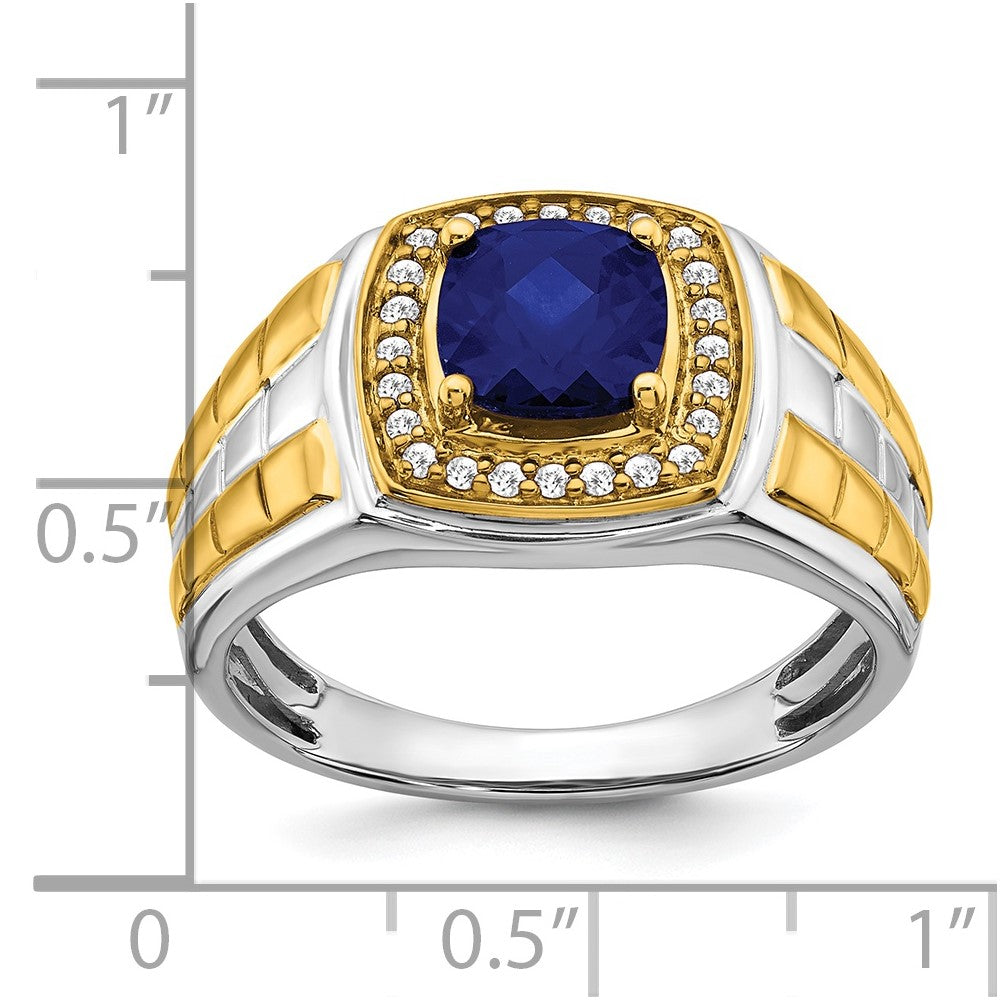 14K Bicolor-Gold Herrenring mit synthetischem Saphir und echten Diamanten