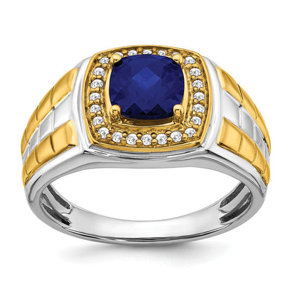 14K Bicolor-Gold Herrenring mit synthetischem Saphir und echten Diamanten