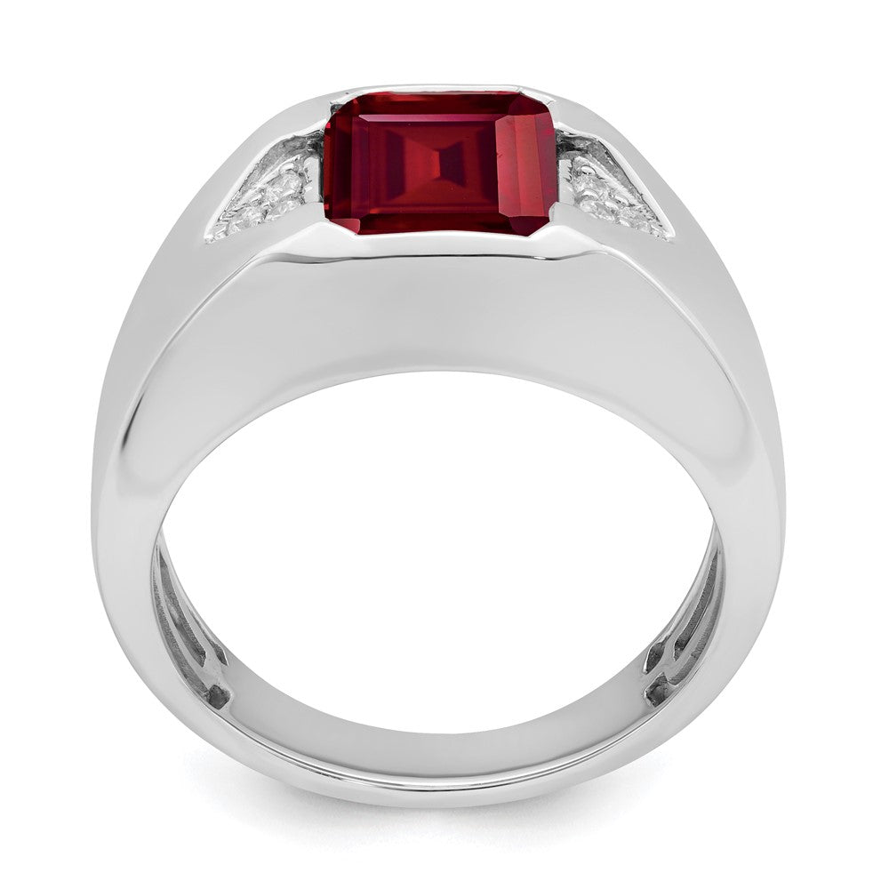 14K Weißgold Herrenring mit Smaragdschliff-Rubin (synthetisch) und echten Diamanten