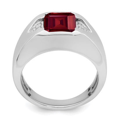 14K Weißgold Herrenring mit Smaragdschliff-Rubin (synthetisch) und echten Diamanten