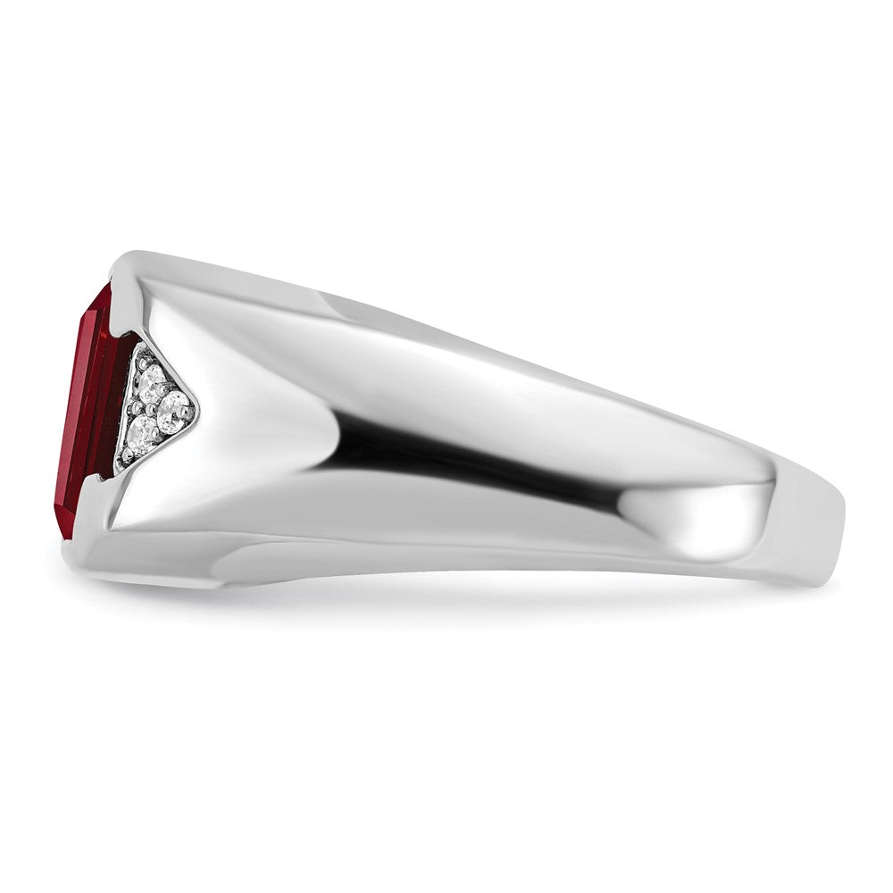 14K Weißgold Herrenring mit Smaragdschliff-Rubin (synthetisch) und echten Diamanten