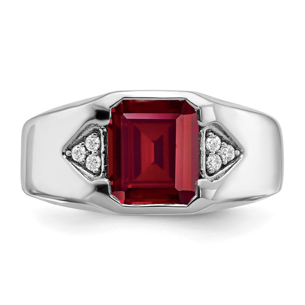14K Weißgold Herrenring mit Smaragdschliff-Rubin (synthetisch) und echten Diamanten