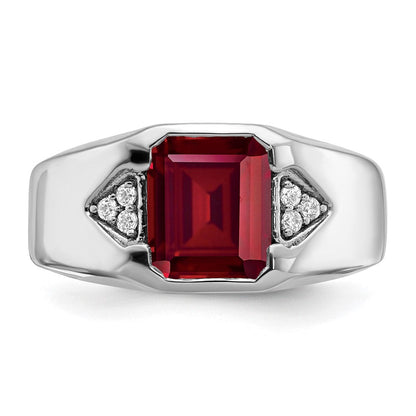 14K Weißgold Herrenring mit Smaragdschliff-Rubin (synthetisch) und echten Diamanten