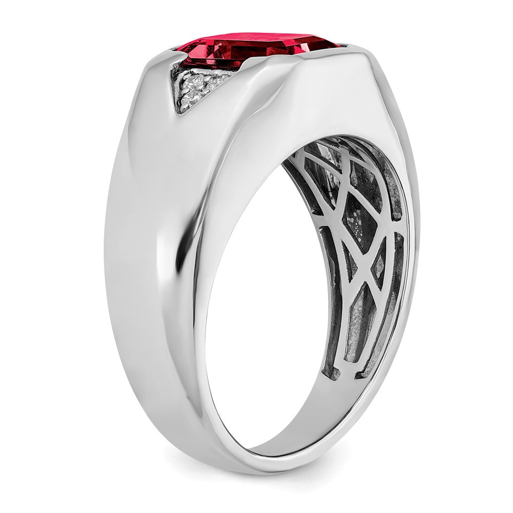 14K Weißgold Herrenring mit Smaragdschliff-Rubin (synthetisch) und echten Diamanten