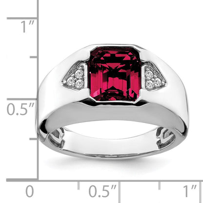 14K Weißgold Herrenring mit Smaragdschliff-Rubin (synthetisch) und echten Diamanten