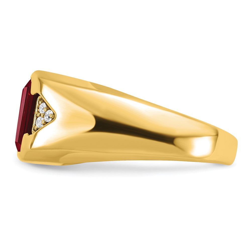 14K Gelbgold Herrenring mit im Smaragdschliff geschaffenem Rubin und echten Diamanten