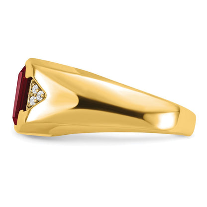 14K Gelbgold Herrenring mit im Smaragdschliff geschaffenem Rubin und echten Diamanten