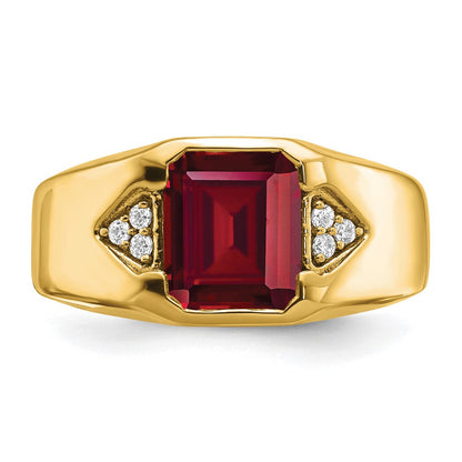 14K Gelbgold Herrenring mit im Smaragdschliff geschaffenem Rubin und echten Diamanten