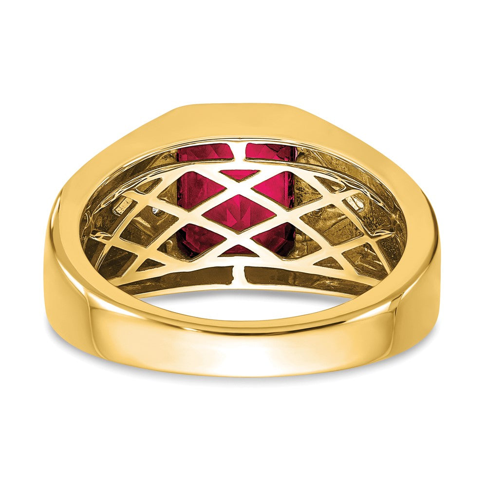 14K Gelbgold Herrenring mit im Smaragdschliff geschaffenem Rubin und echten Diamanten