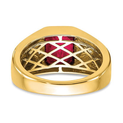 14K Gelbgold Herrenring mit im Smaragdschliff geschaffenem Rubin und echten Diamanten