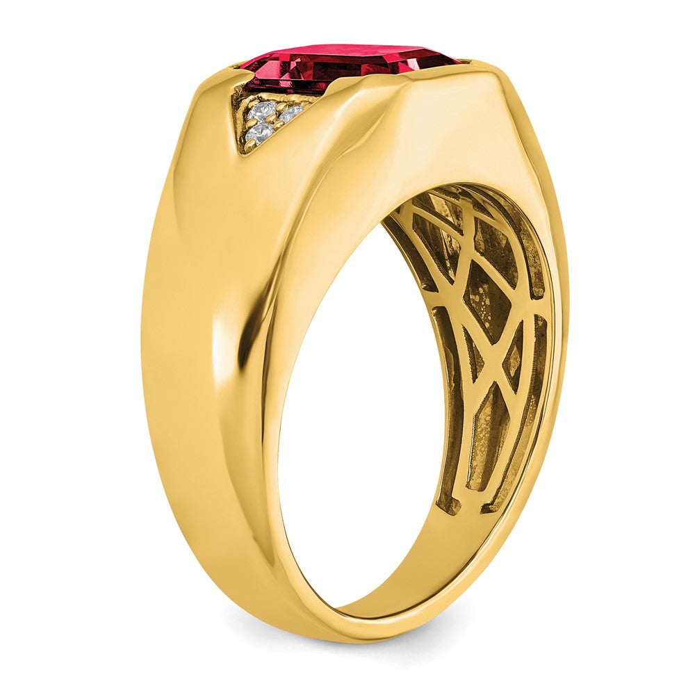 14K Gelbgold Herrenring mit im Smaragdschliff geschaffenem Rubin und echten Diamanten