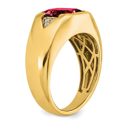 14K Gelbgold Herrenring mit im Smaragdschliff geschaffenem Rubin und echten Diamanten