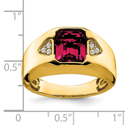 14K Gelbgold Herrenring mit im Smaragdschliff geschaffenem Rubin und echten Diamanten
