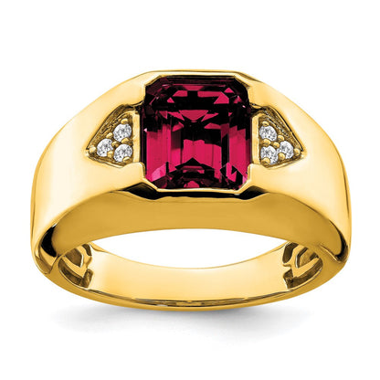 14K Gelbgold Herrenring mit im Smaragdschliff geschaffenem Rubin und echten Diamanten
