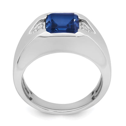14K Weißgold Ring mit Smaragdschliff-Zuchtsaphir und echtem Diamant für Herren