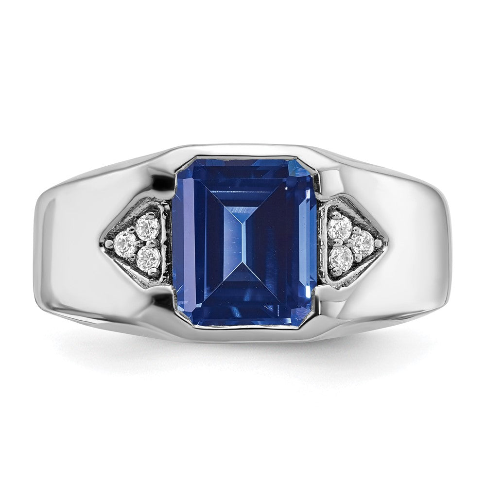 14K Weißgold Ring mit Smaragdschliff-Zuchtsaphir und echtem Diamant für Herren