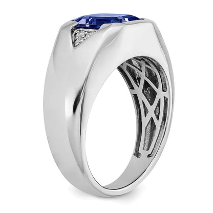 14K Weißgold Ring mit Smaragdschliff-Zuchtsaphir und echtem Diamant für Herren