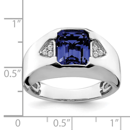 14K Weißgold Ring mit Smaragdschliff-Zuchtsaphir und echtem Diamant für Herren