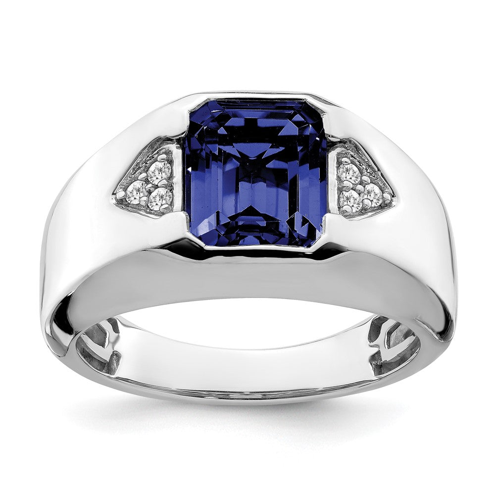 14K Weißgold Ring mit Smaragdschliff-Zuchtsaphir und echtem Diamant für Herren
