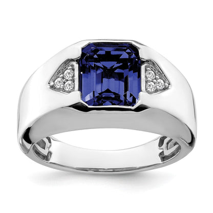 14K Weißgold Ring mit Smaragdschliff-Zuchtsaphir und echtem Diamant für Herren