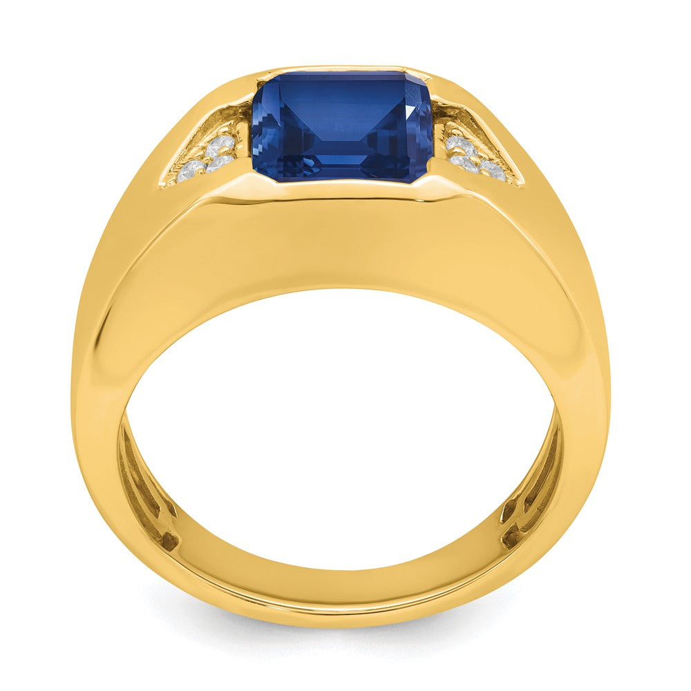 14K Gelbgold Herrenring mit Smaragdschliff-Saphir (synthetisch) und echten Diamanten