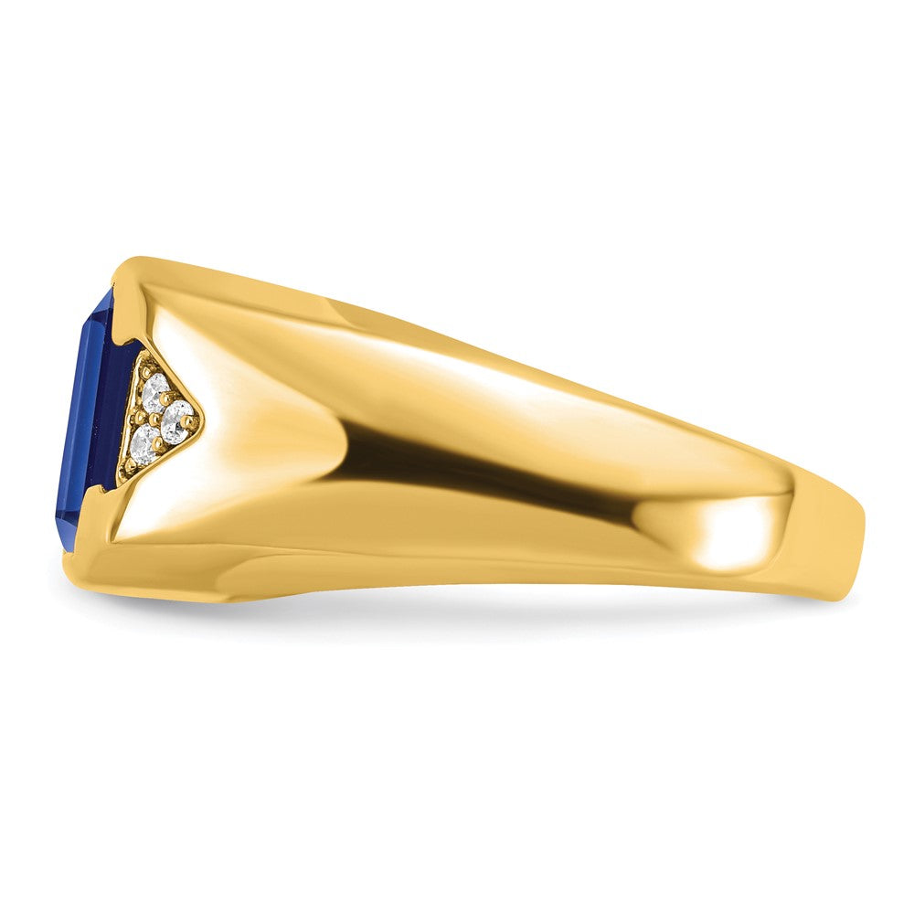 14K Gelbgold Herrenring mit Smaragdschliff-Saphir (synthetisch) und echten Diamanten