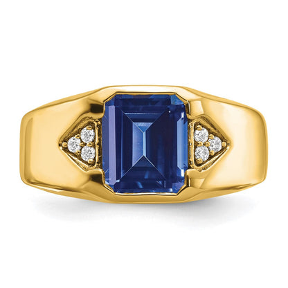 14K Gelbgold Herrenring mit Smaragdschliff-Saphir (synthetisch) und echten Diamanten