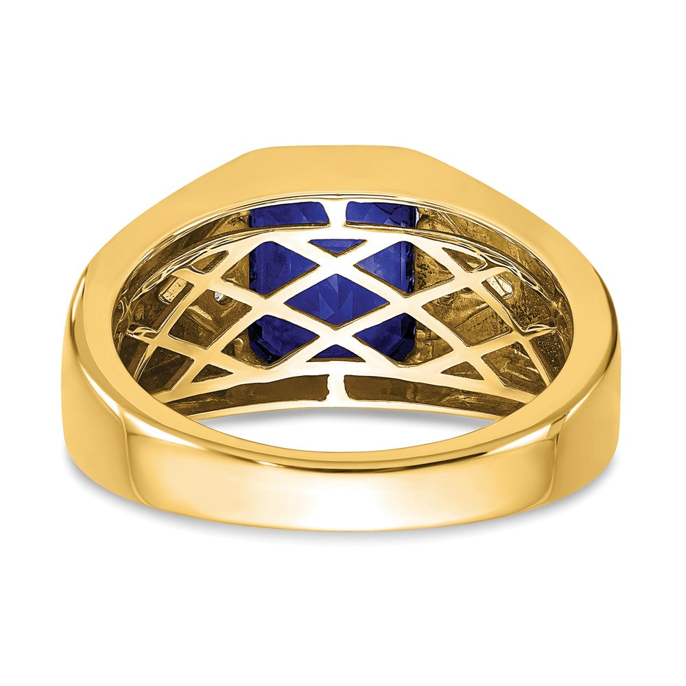 14K Gelbgold Herrenring mit Smaragdschliff-Saphir (synthetisch) und echten Diamanten
