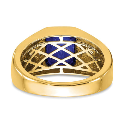 14K Gelbgold Herrenring mit Smaragdschliff-Saphir (synthetisch) und echten Diamanten