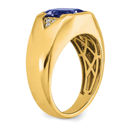 14K Gelbgold Herrenring mit Smaragdschliff-Saphir (synthetisch) und echten Diamanten