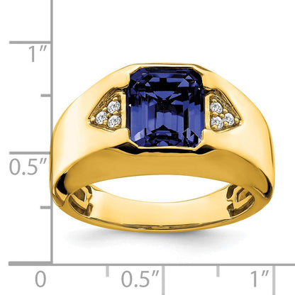 14K Gelbgold Herrenring mit Smaragdschliff-Saphir (synthetisch) und echten Diamanten