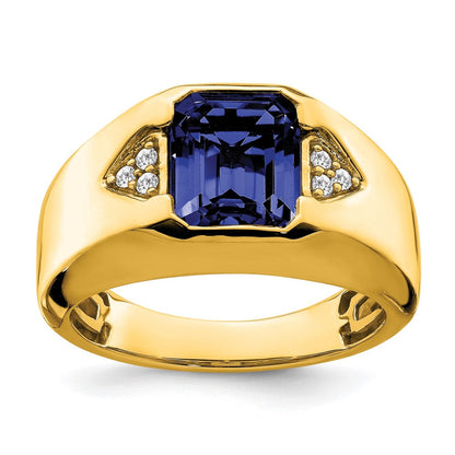 14K Gelbgold Herrenring mit Smaragdschliff-Saphir (synthetisch) und echten Diamanten